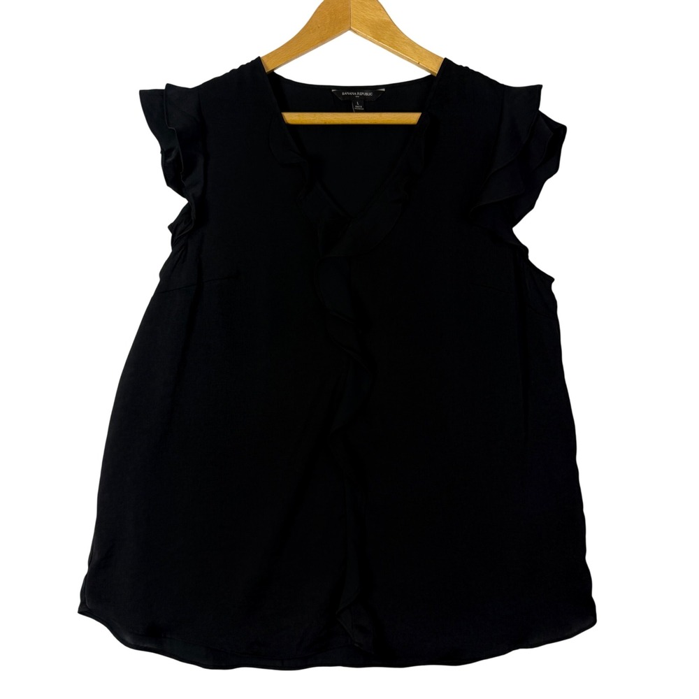 Banana Republic Black Flutter Sleeve Ruffle V Neck Top Womens Size L